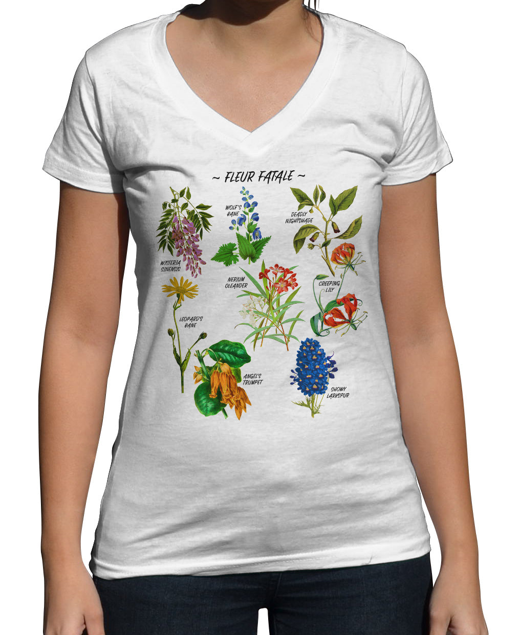 Women's Fleur Fatale Toxic Botanical Chart Vneck T-Shirt