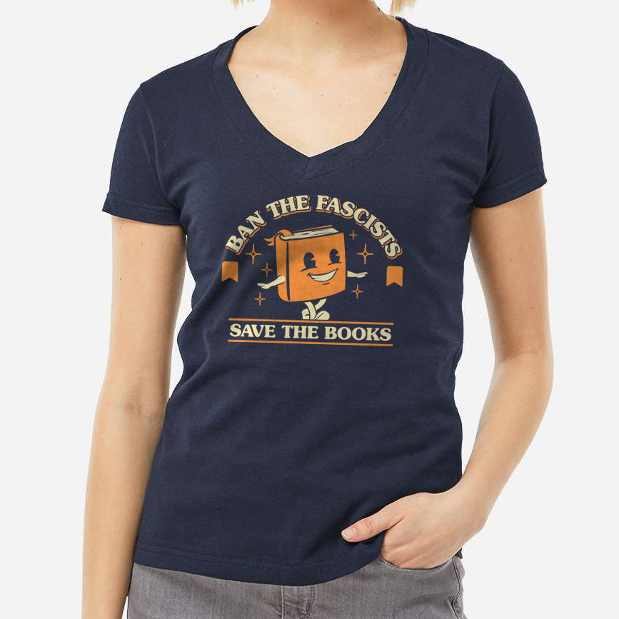 Women's Ban The Fascists Save The Books Vneck T-Shirt