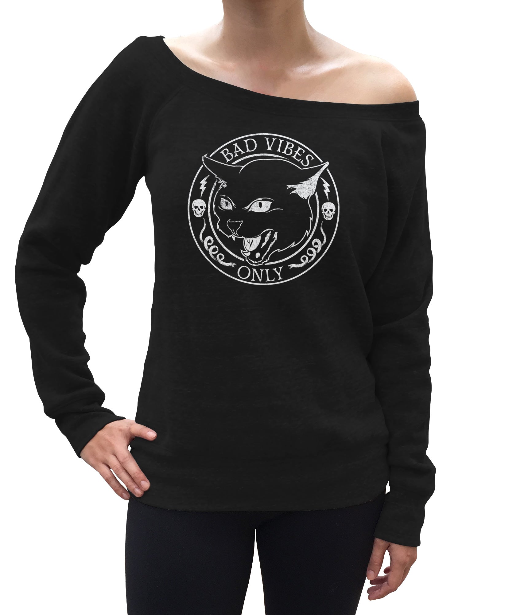 Women's Bad Vibes Only Scoop Neck Fleece - Goth Shirt - Black Cat Shirt
