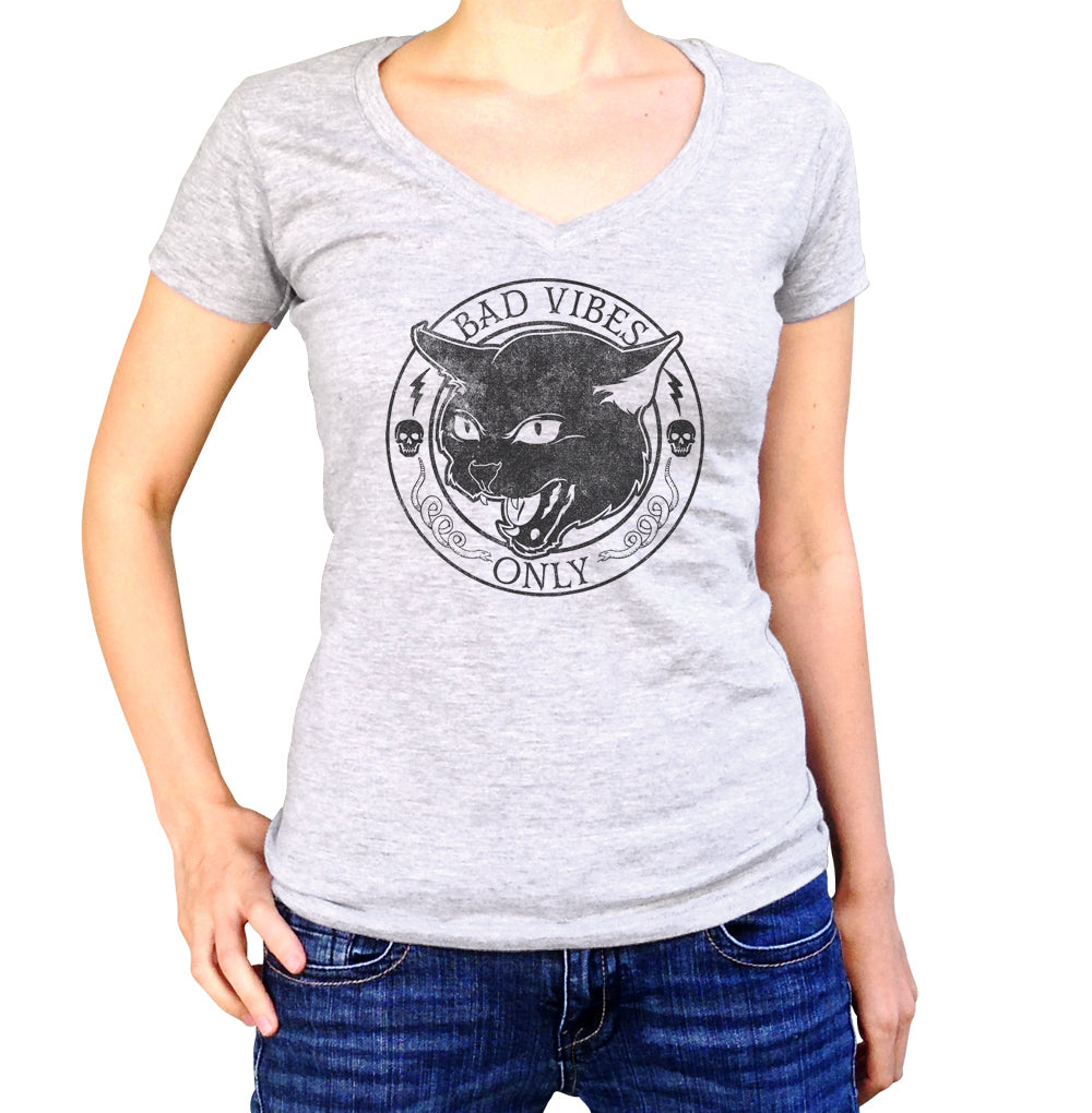 Women's Bad Vibes Only Vneck T-Shirt - Goth Shirt - Black Cat Shirt