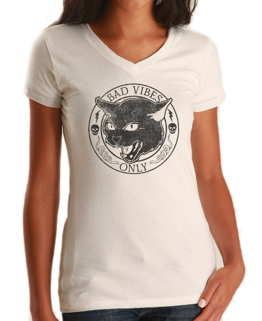 Women's Bad Vibes Only Vneck T-Shirt - Goth Shirt - Black Cat Shirt