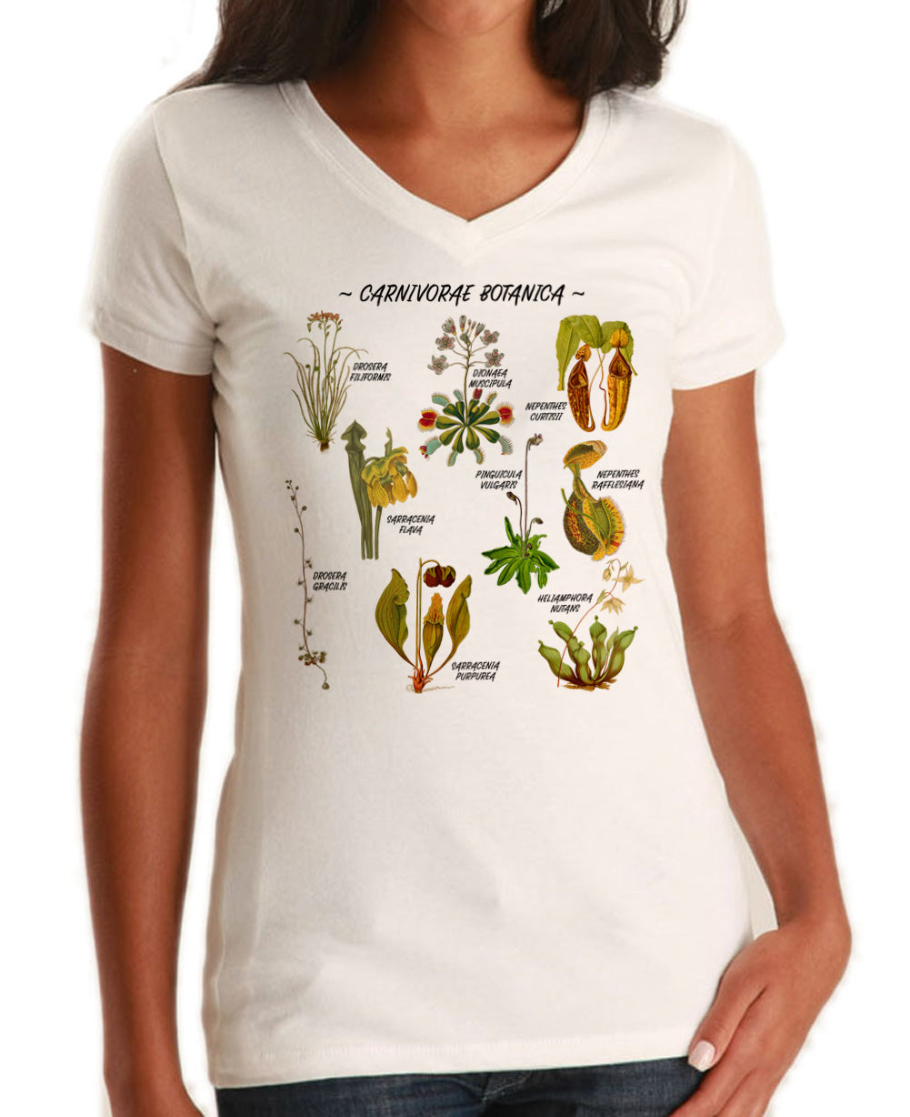 Women's Carnivorae Botanica Carnivorous Plants Botanical Chart Vneck T-Shirt