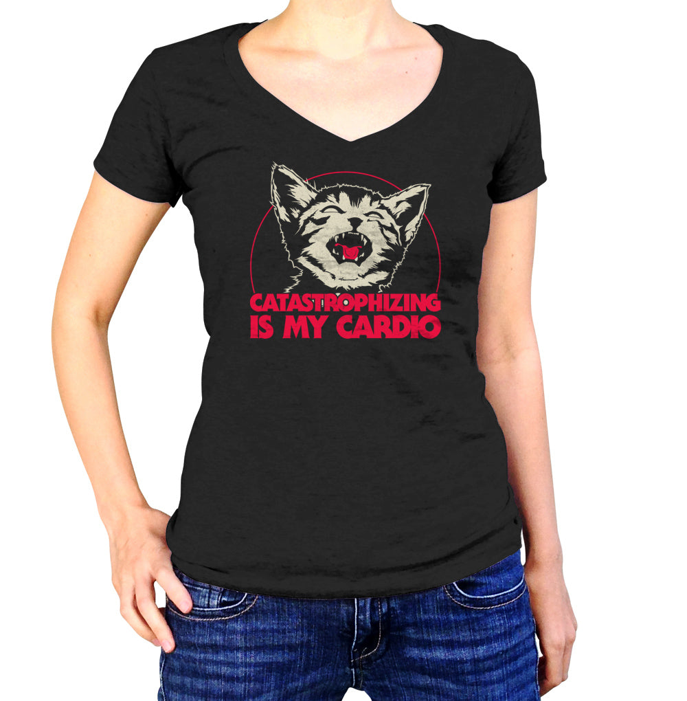 Women's Catastrophizing Is My Cardio Cat Vneck T-Shirt