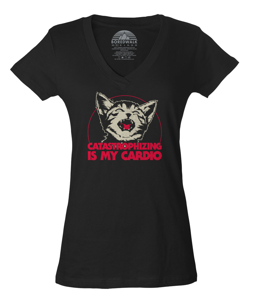 Women's Catastrophizing Is My Cardio Cat Vneck T-Shirt