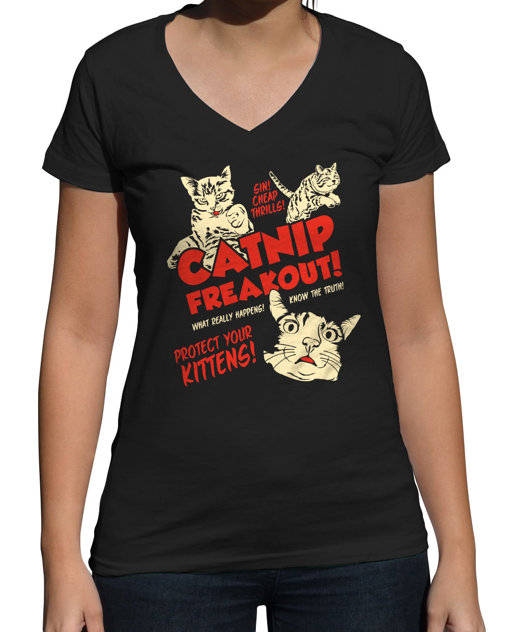 Women's Catnip Freakout Vneck T-Shirt - By Ex-Boyfriend