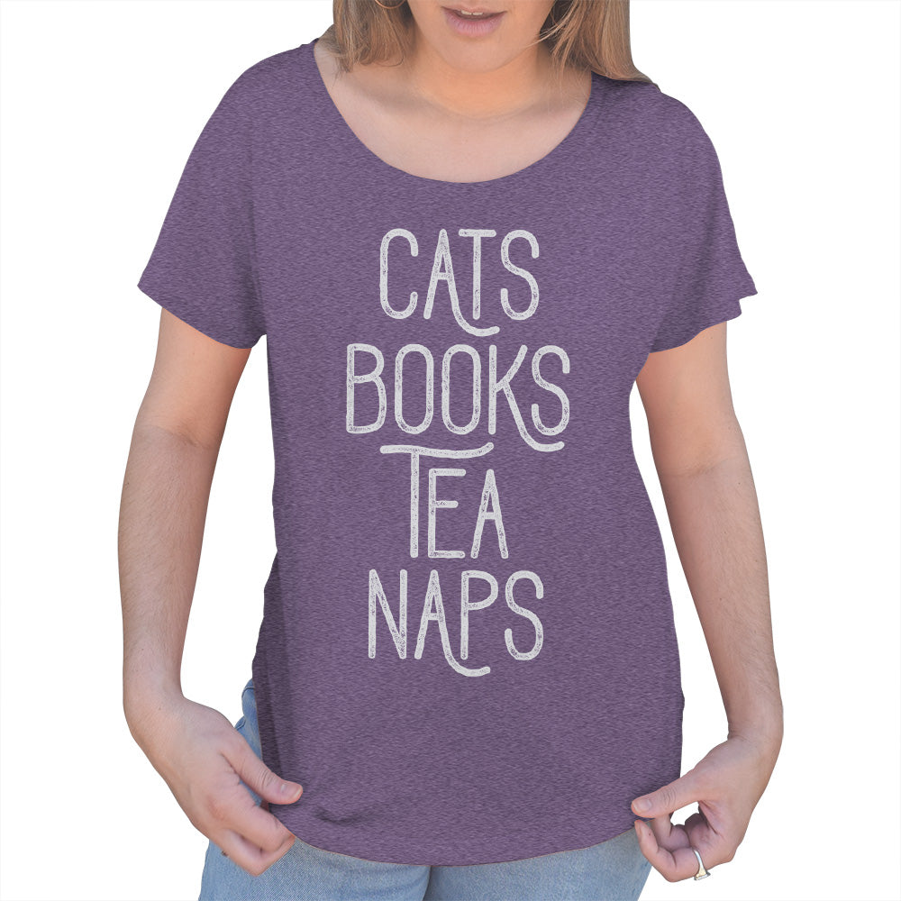Women's Cats Book Tea Naps Scoop Neck T-Shirt
