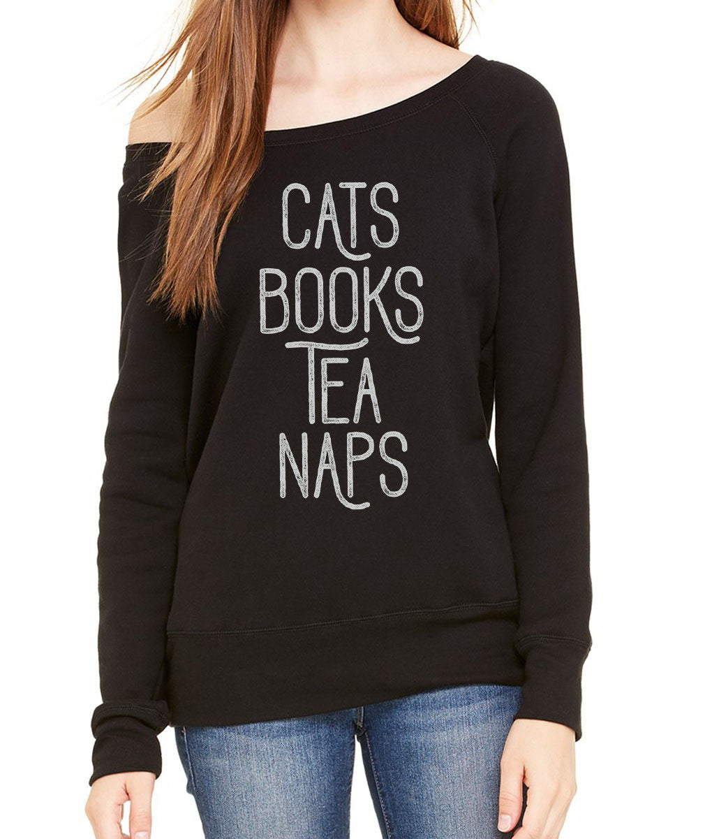 Women's Cats Book Tea Naps Scoop Neck Fleece