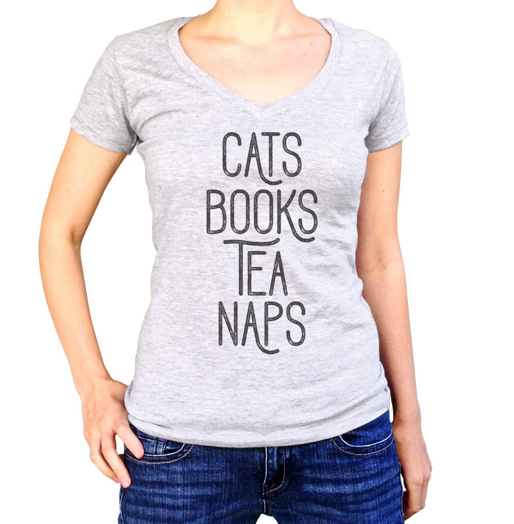 Women's Cats Book Tea Naps Vneck T-Shirt