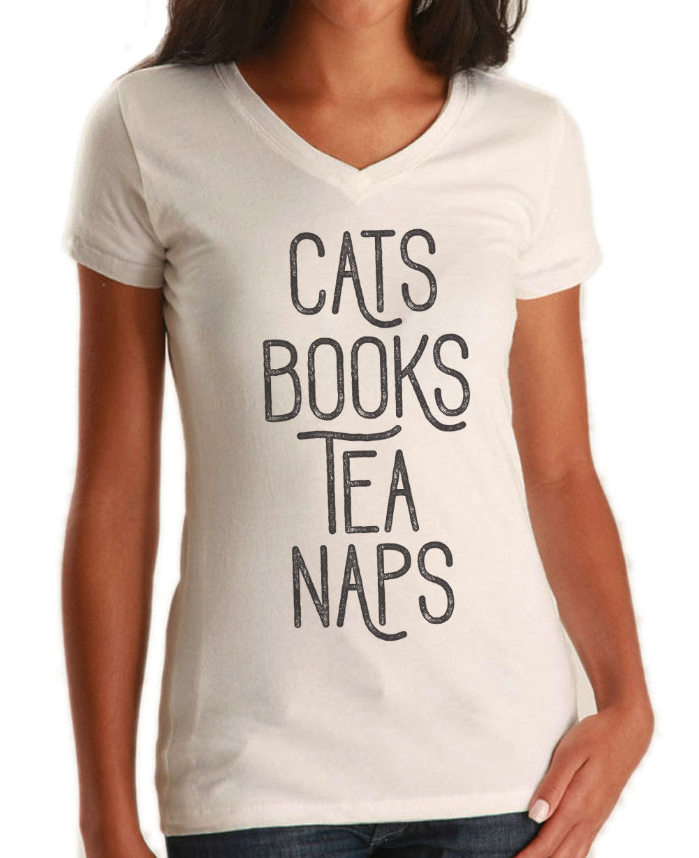Women's Cats Book Tea Naps Vneck T-Shirt