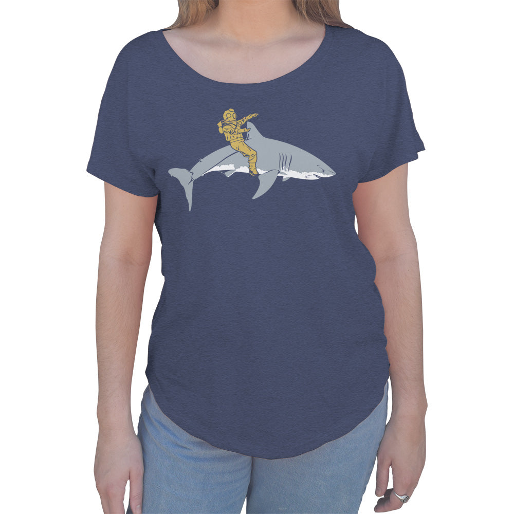 Women's Diver Riding a Shark Scoop Neck T-Shirt