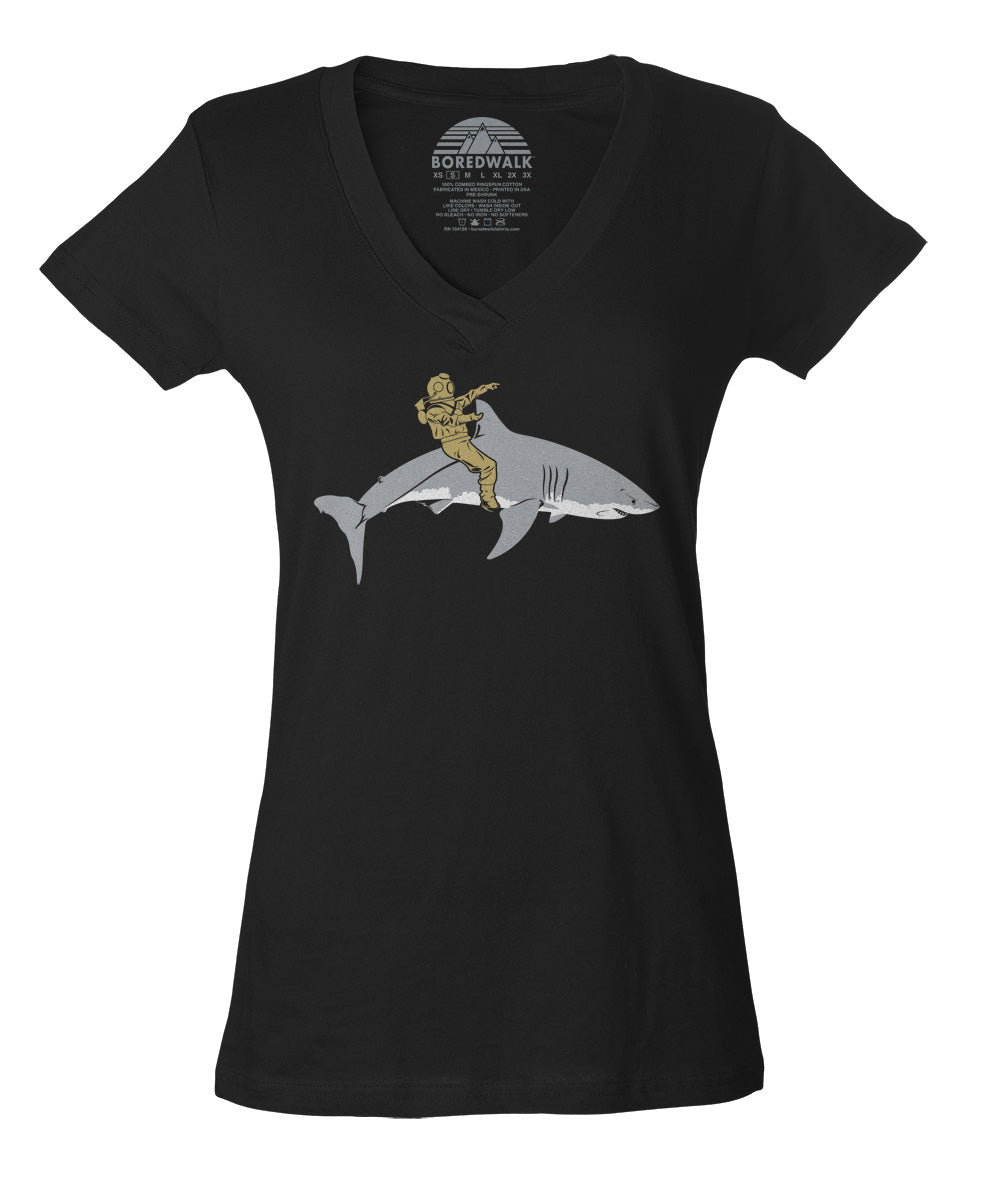 Women's Diver Riding a Shark Vneck T-Shirt - By Ex-Boyfriend