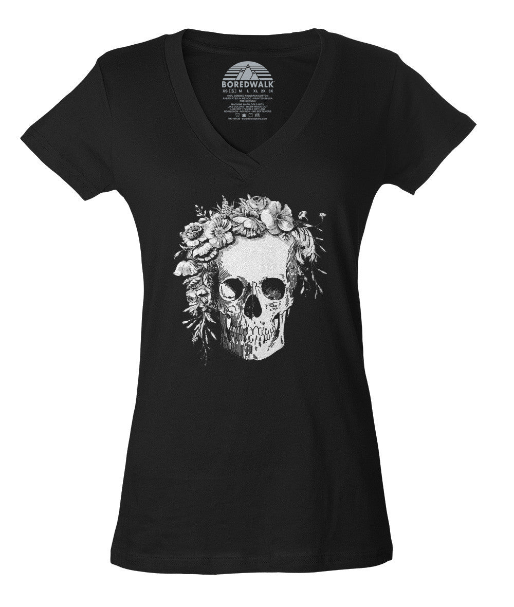 Women's Floral Skull Vneck T-Shirt