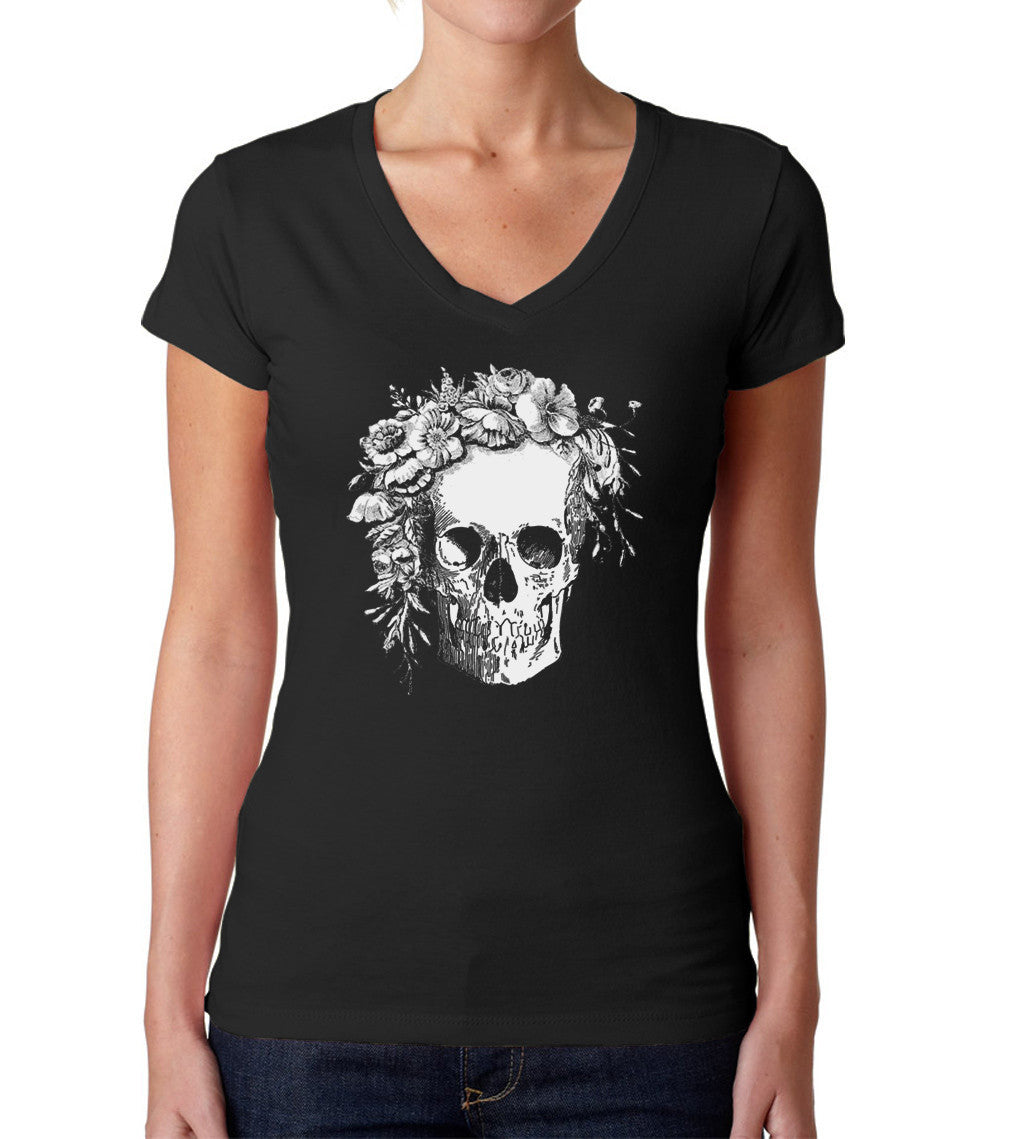Women's Floral Skull Vneck T-Shirt