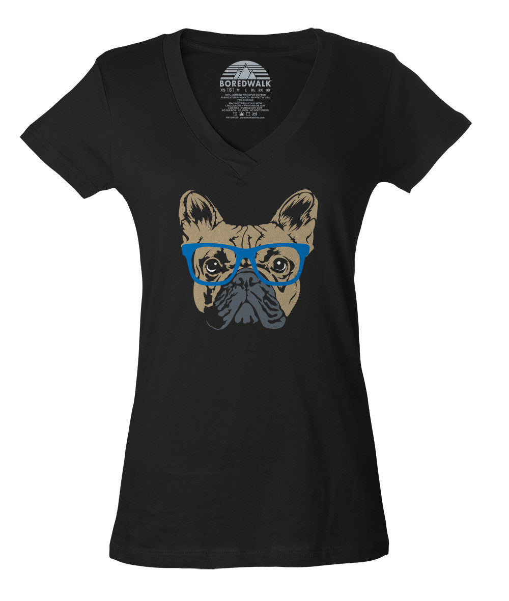 Women's Glasses On A French Bulldog Vneck Hipster Frenchie T-Shirt