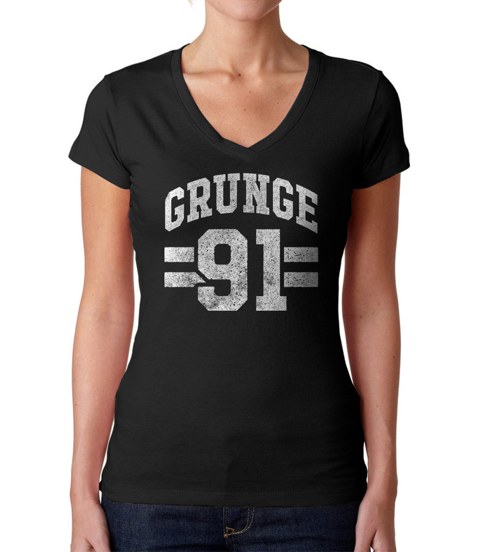 Women's Grunge 91 Vneck T-Shirt - Alternative 90s Music Punk Grunge Rock and Roll