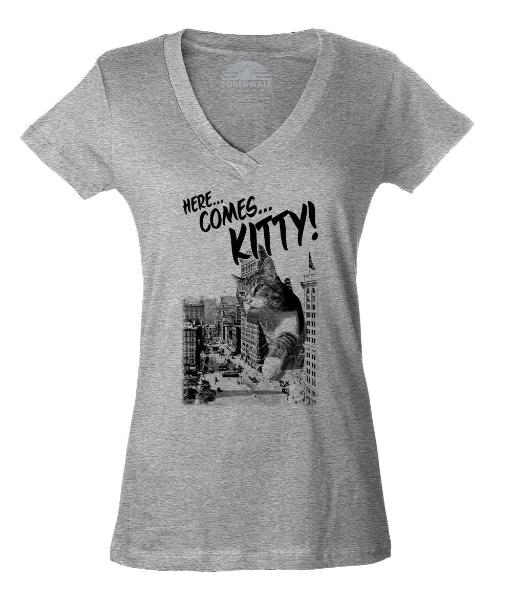Women's Here Comes Kitty Vneck T-Shirt Funny Giant Cat TShirt