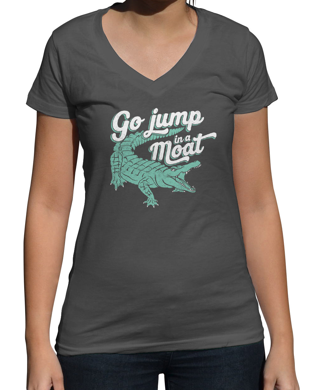 Women's Go Jump in a Moat Alligator Vneck T-Shirt