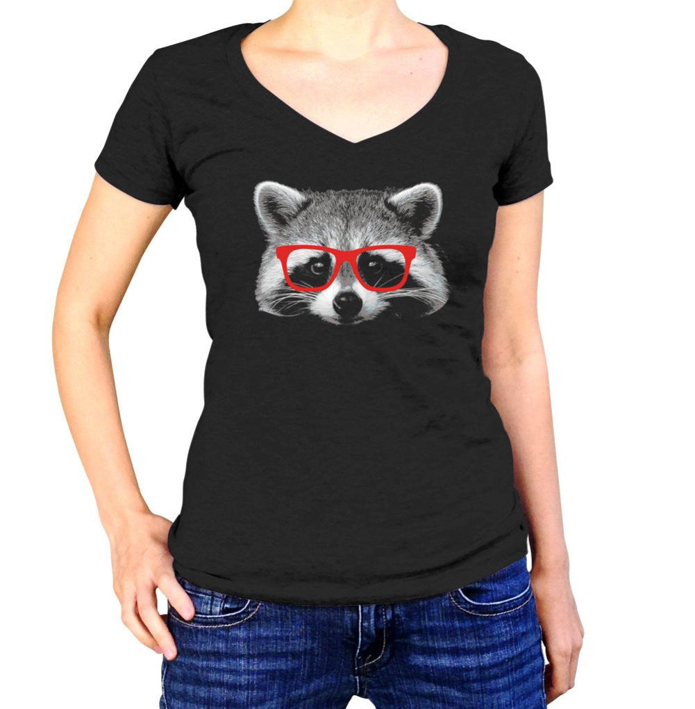 Women's Raccoon With Glasses Vneck T-Shirt
