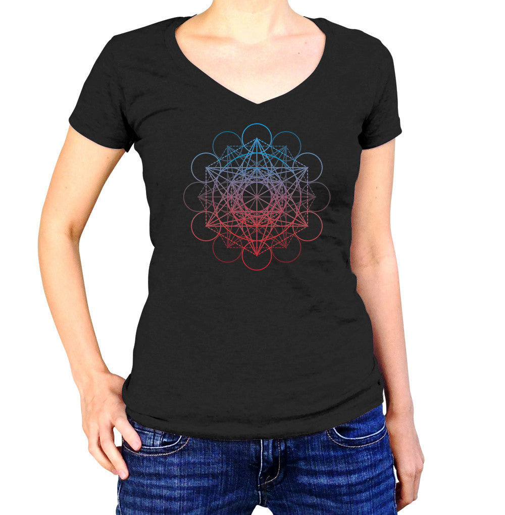 Women's Metatrons Cube Rainbow Vneck T-Shirt Geometric Crystal New Age Yoga