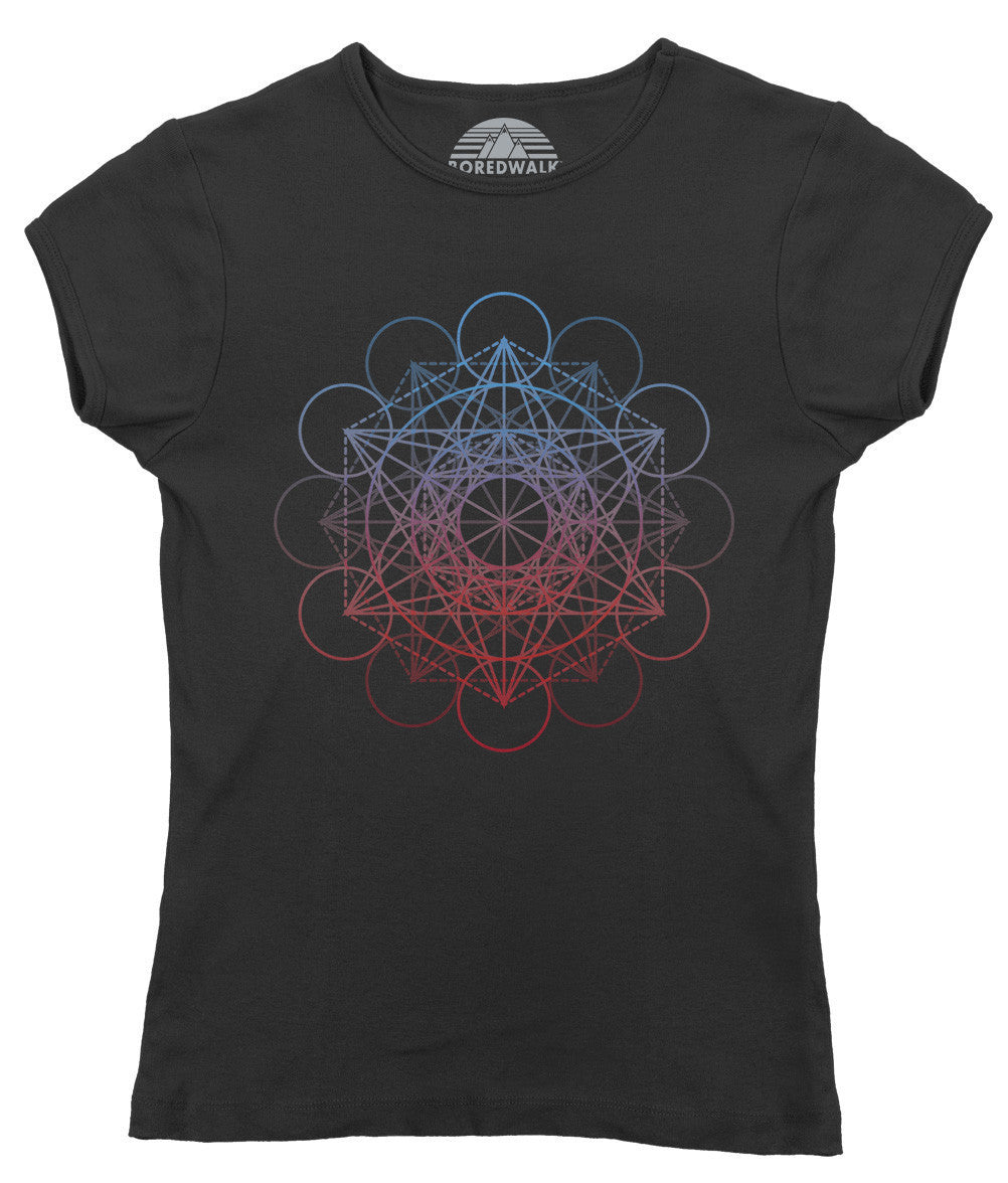 Women's Metatrons Cube Rainbow T-Shirt Geometric Crystal New Age Yoga
