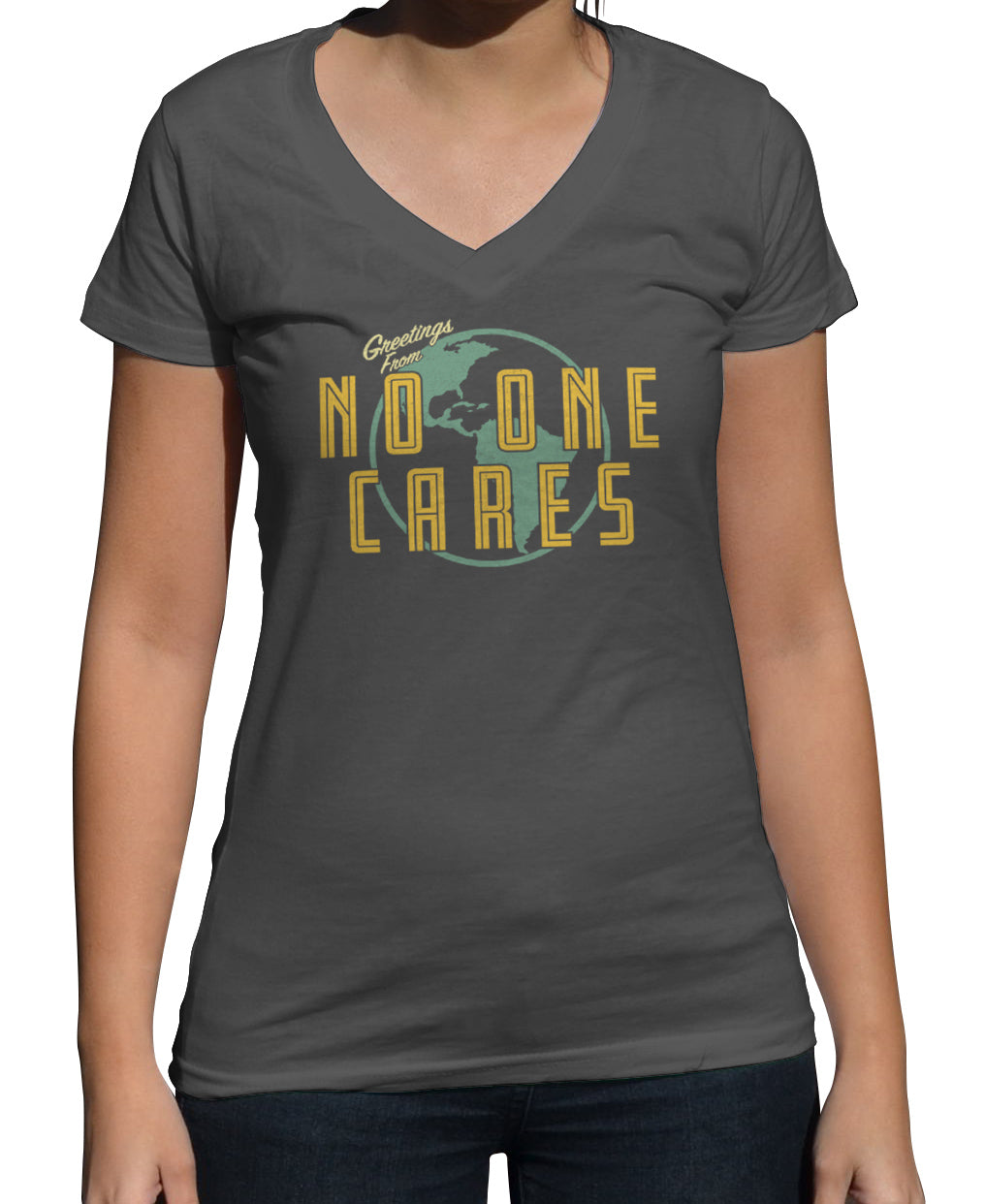 Women's Greetings From No One Cares Vneck T-Shirt