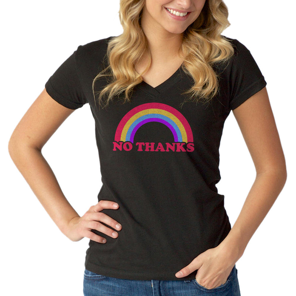 Women's Rainbow No Thanks Vneck T-Shirt - No Thank You Sarcastic Shirt Ironic Shirt - Nope Shirt - Introvert