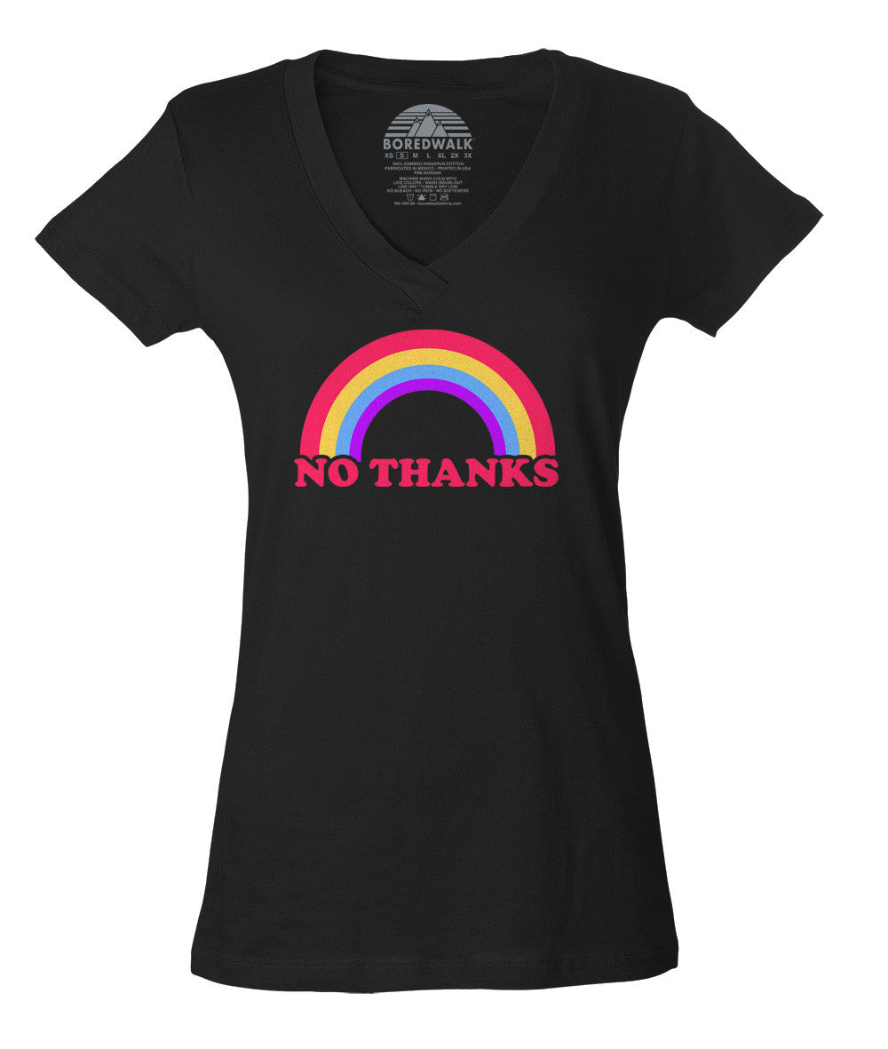 Women's Rainbow No Thanks Vneck T-Shirt - No Thank You Sarcastic Shirt Ironic Shirt - Nope Shirt - Introvert