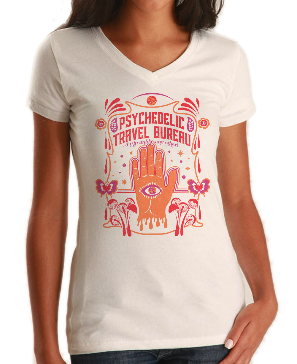 Women's Psychedelic Travel Bureau Vneck T-Shirt