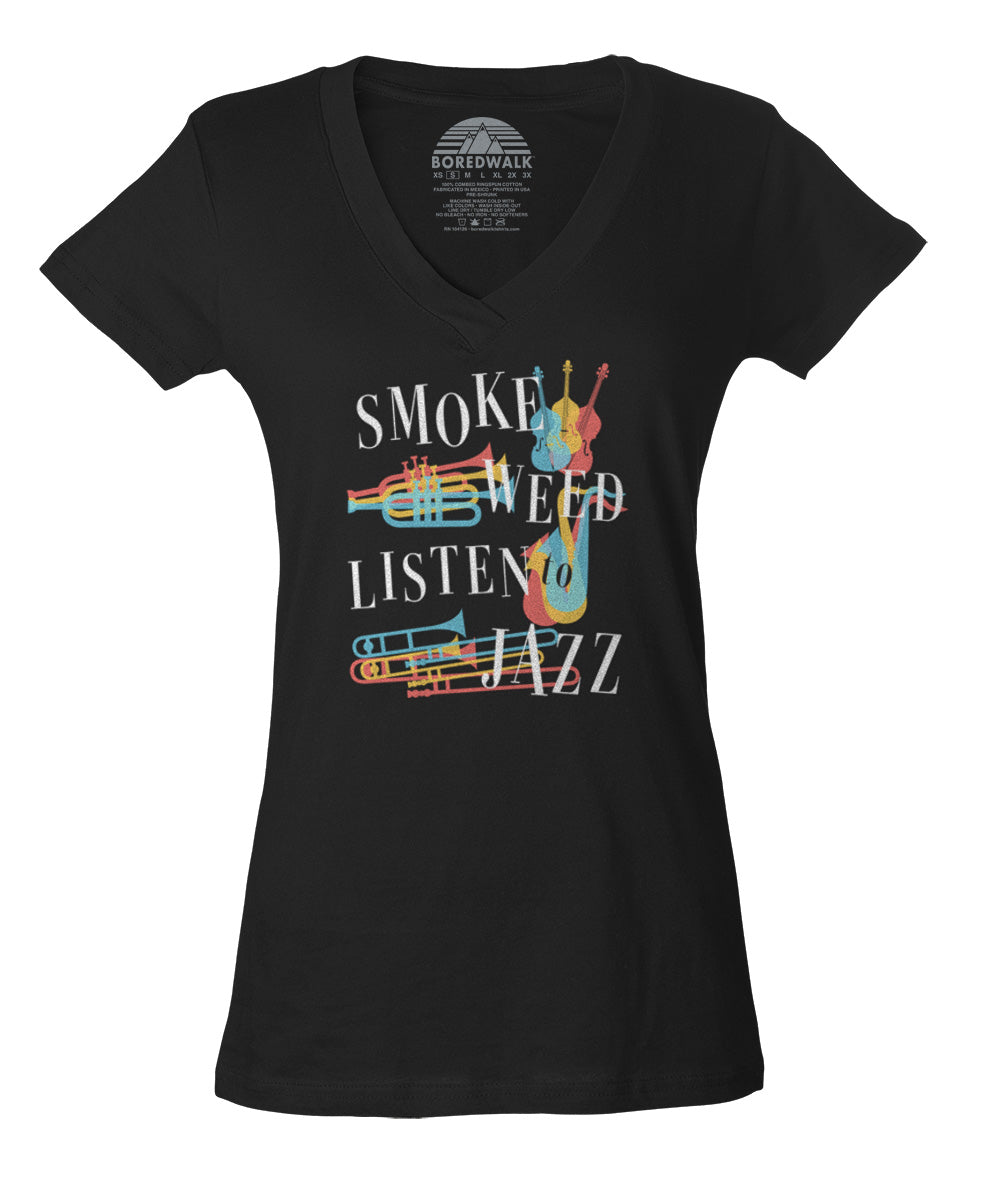 Women's Smoke Weed Listen to Jazz Vneck T-Shirt