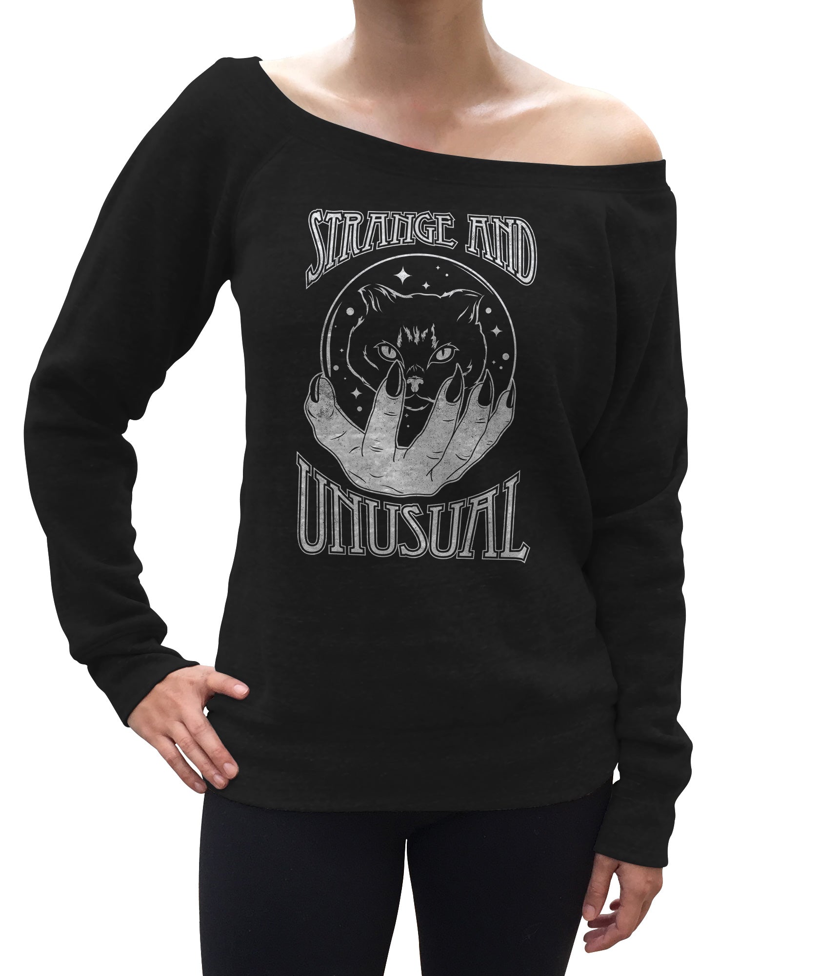 Women's Strange and Unusual Scoop Neck Fleece - Occult shirt - Pastel Goth Shirt - Black Cat Shirt