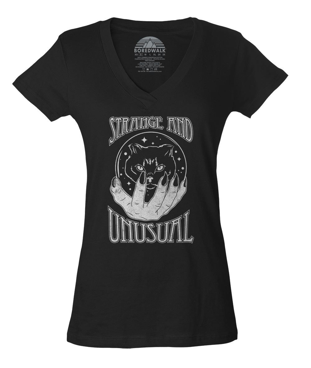 Women's Strange and Unusual Vneck T-Shirt - Occult shirt - Pastel Goth Shirt - Black Cat Shirt