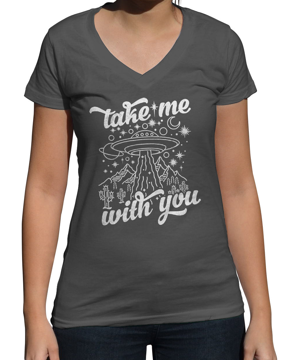 Women's Take Me With You Alien UFO Shirt Vneck T-Shirt