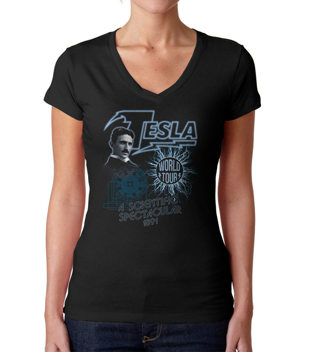 Women's Nikola Tesla World Tour Vneck T-Shirt - Geeky Cool Science