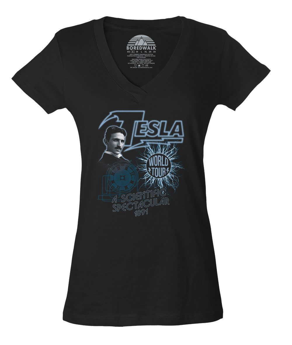 Women's Nikola Tesla World Tour Vneck T-Shirt - Geeky Cool Science