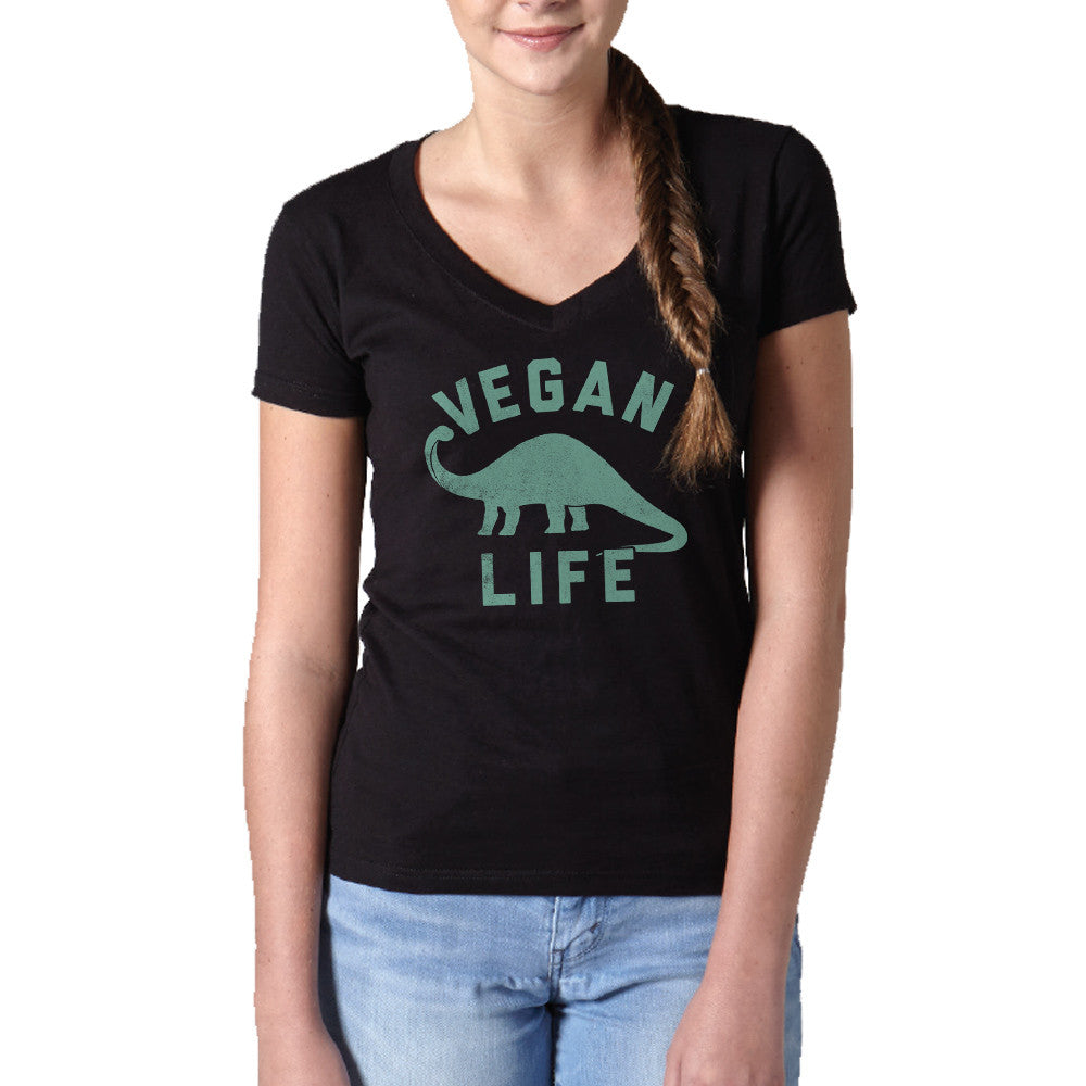 Women's Brontosaurus Vegan Life Vneck T-Shirt - Funny Vegan Shirt